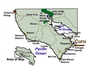 Map of Costa Rica's Nicoya Peninsula showing the Curu Wildlife Refuge
