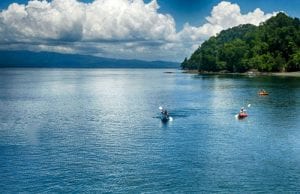 Kayaking in Golfo Dulce near Playa Nicuesa Rainforest Lodge surrounded by rainforest in Costa Rica
