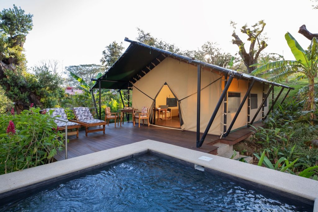 Luxury glamping tent surrounded by Guanacaste’s tropical dry forest at Hacienda Guachipelin in Costa Rica