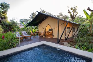 Luxury glamping tent surrounded by Guanacaste’s tropical dry forest at Hacienda Guachipelin in Costa Rica